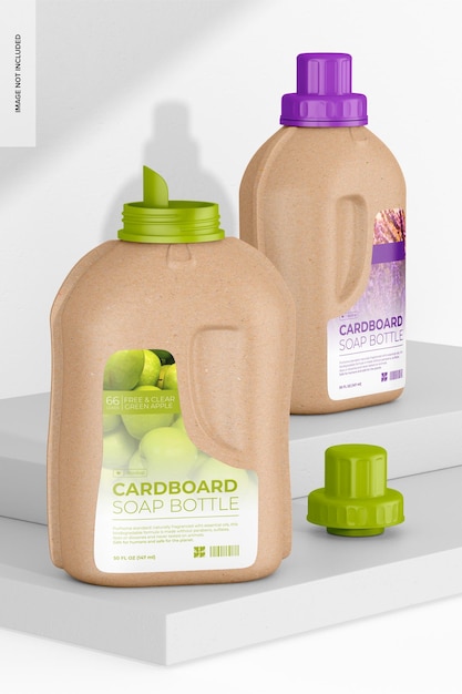 PSD cardboard soap bottles mockup, front and side view