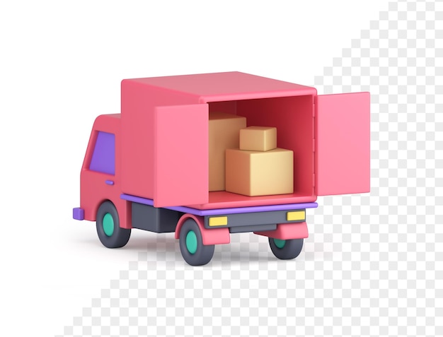 PSD cargo koerier expresbezorging roze vrachtwagen open deuren vol kartonnen dozen pakket 3d-pictogram