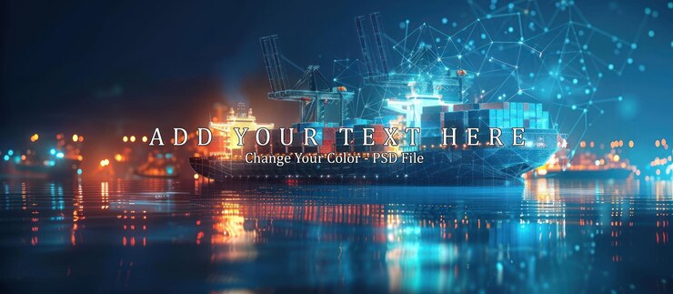 PSD cargo ship illuminated by digital network