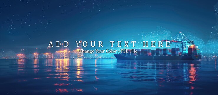 PSD cargo ship in a night harbor with a network of lights