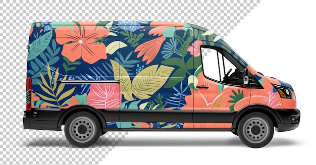 PSD cargo van painted with floral background isolated from the background
