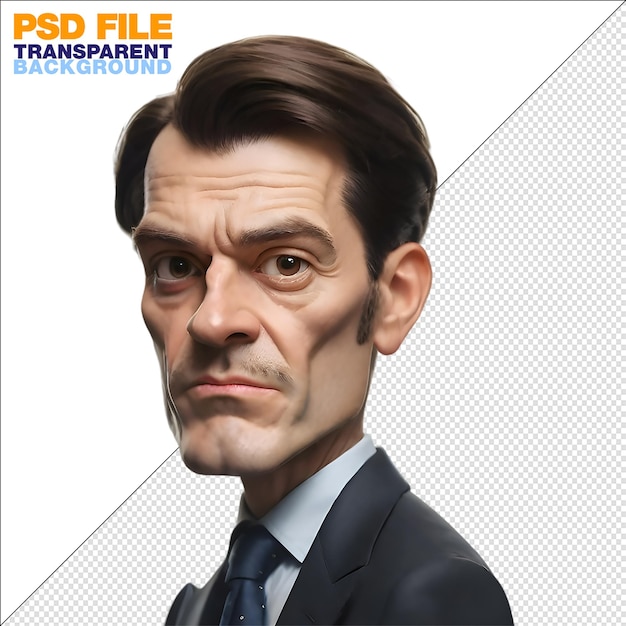 Caricature of a man with exaggerated facial features wearing a suit with a plain background cine