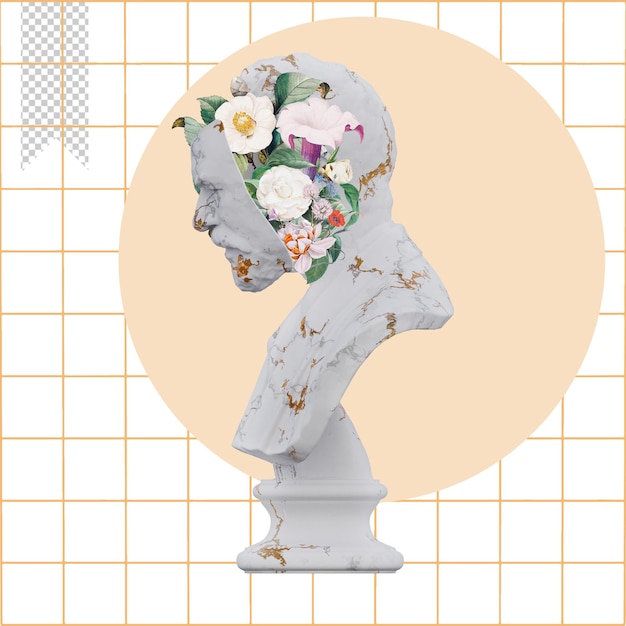 PSD statue di carl jacobsen 3d rendono collage con composizioni di petali di fiori per il tuo lavoro