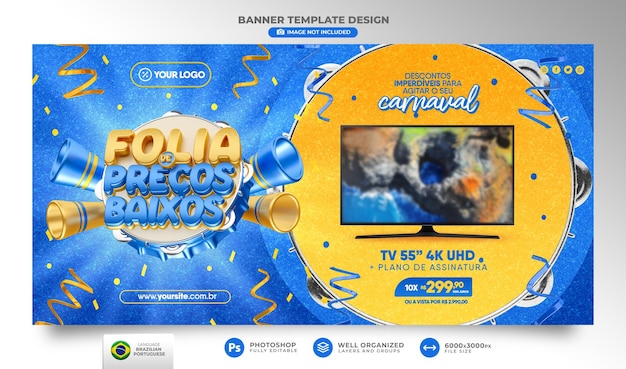 Carnaval banner van aanbiedingen in portugees brazilië 3d render sjabloonontwerp tamboerijn realistisch