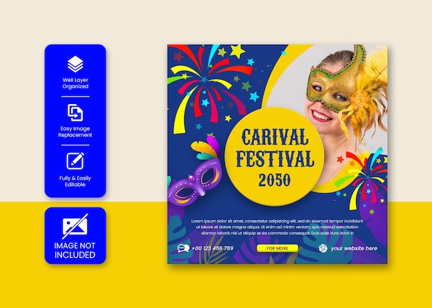 Carnaval festival instagram post en social media banner of vierkante flyer sjabloonontwerp