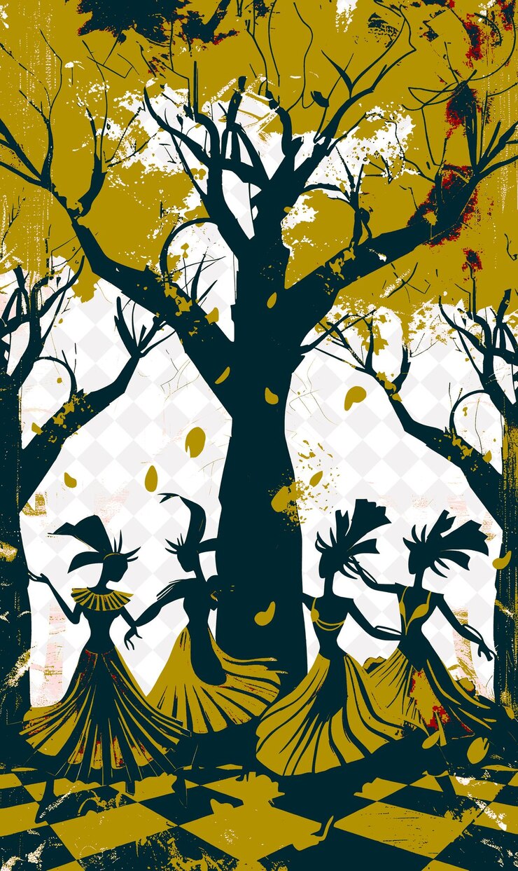 PSD carnaval scene with dancers in costume a red brazilwood tree brazil scene and culture illustrations