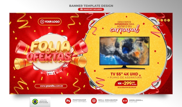 Banner di carnevale di offerte in portoghese brasile 3d render template design tamburello realistico