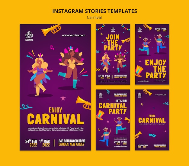 PSD modello di design piatto di storie di instagram di carnevale