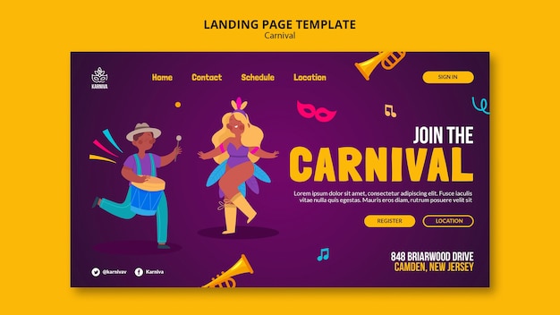 Modello di design piatto della pagina di destinazione del carnevale