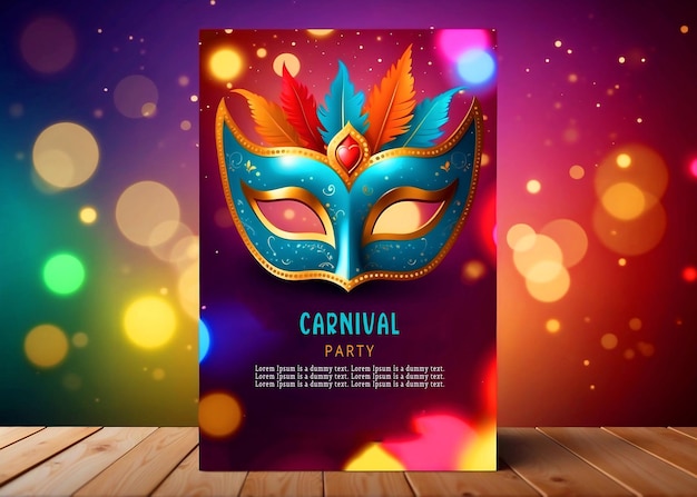 Carnival party template flyer design with realistic party mask on bokeh background PSD banner