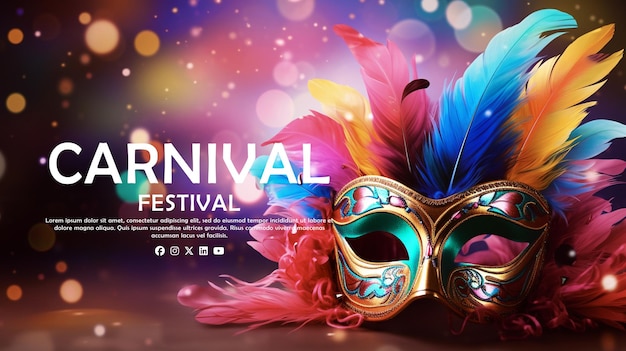 Carnival Party Venetian mask banner with defocused bokeh lights