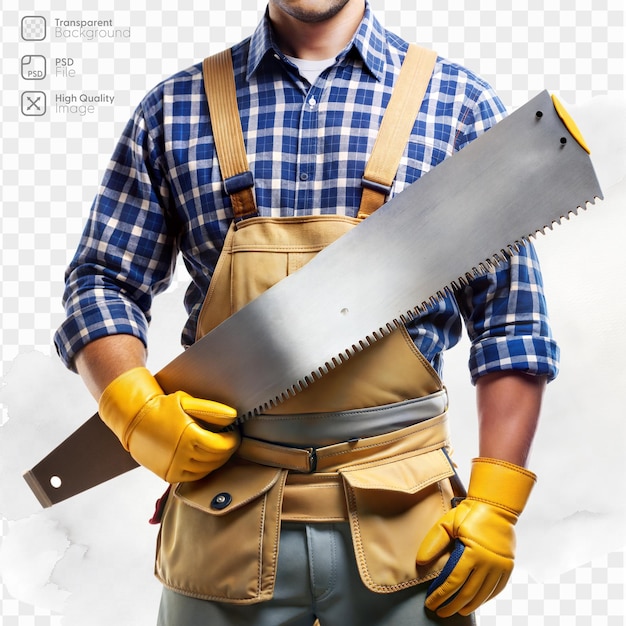 Carpenter holding large saw wearing gloves and tool belt