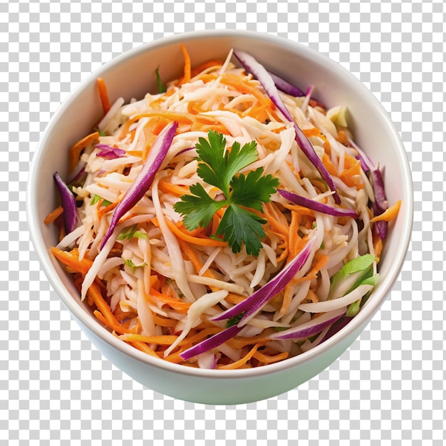 PSD carrot and cabbage coleslaw on white bowl isolated on transparent background