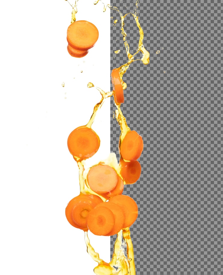 PSD carrot fresh round slice shape pouring down with water beta carotene orange color in carrot is good health many round slice carrot falling with cooking oil white background isolated high speed