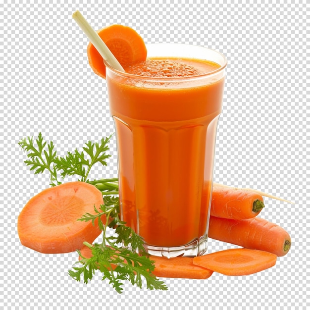 Succo di carota in un bicchiere e fette di carota fresca su uno sfondo trasparente