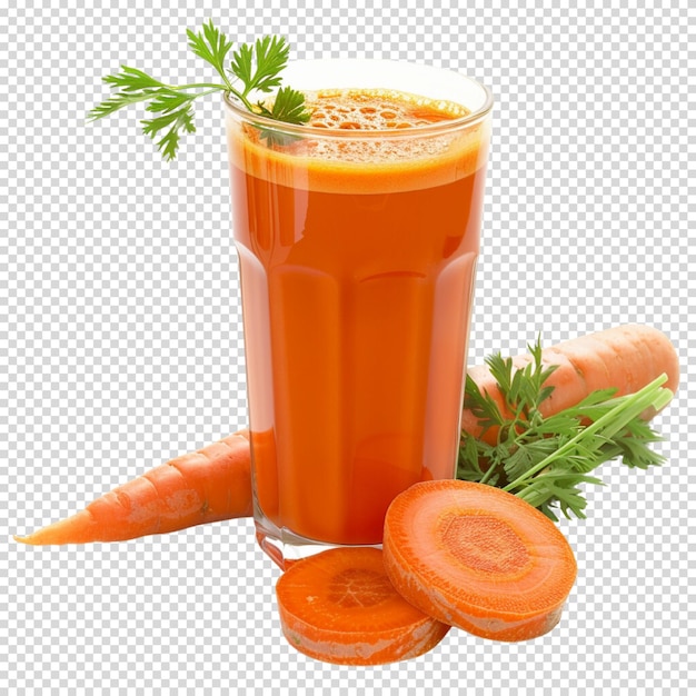 PSD succo di carota in un bicchiere e fette di carota fresca su uno sfondo trasparente