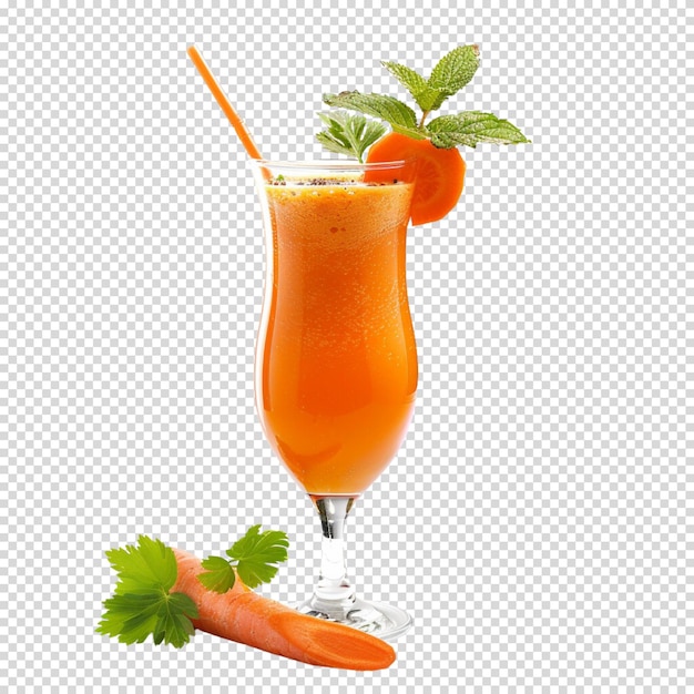 PSD succo di carota in un bicchiere e fette di carota fresca su uno sfondo trasparente