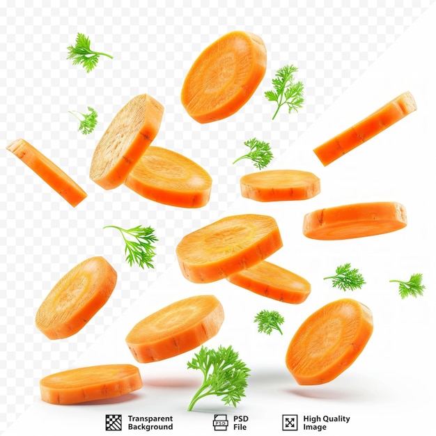 PSD carrot slice isolated carrots with parsley flying on white isolated background perfect retouched carrot slices isolate full depth of field