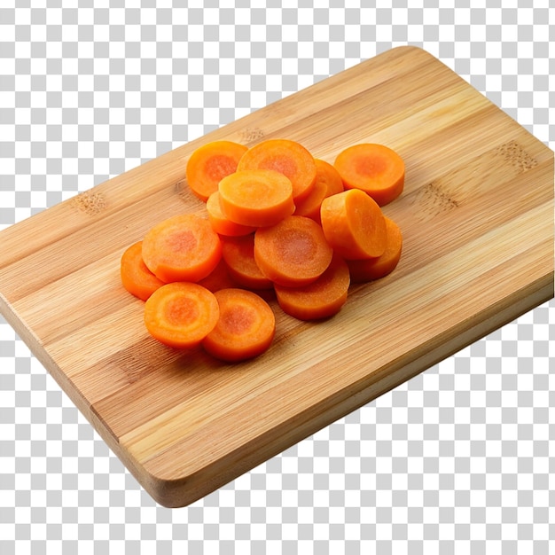 PSD carrot slices on wooden cutting board isolated on transparent background