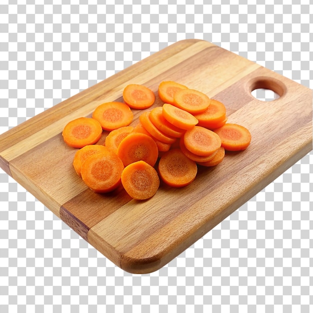 PSD carrot slices on wooden cutting board isolated on transparent background