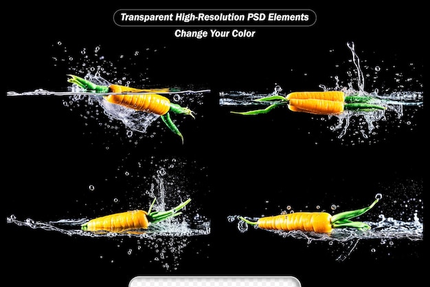 PSD carrot in the water splash over black background set