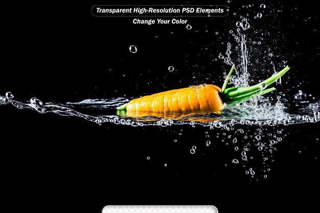 PSD carrot in the water splash over black background