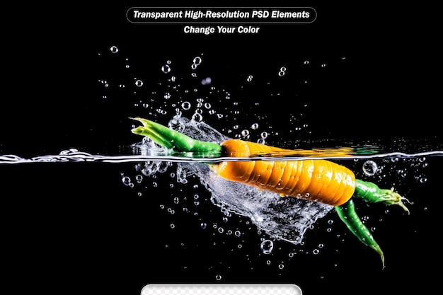 PSD carrot in the water splash over black background