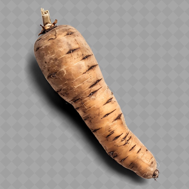 A carrot with a long stem that has the roots on it