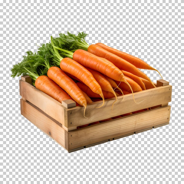 PSD carrots in wooden box isolated on transparent background
