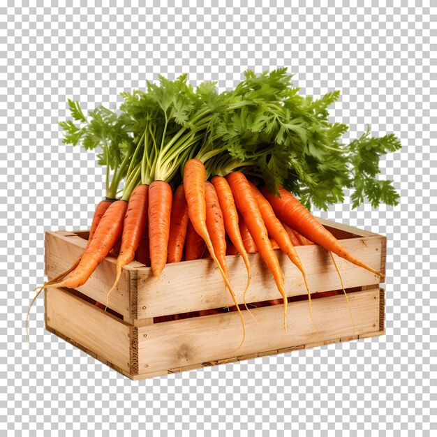 PSD carrots in wooden box isolated on transparent background