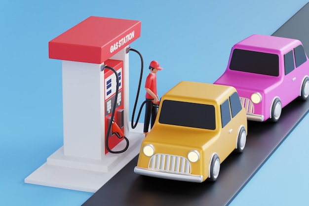 Cars Queued Up At The Gas Station 3D Illustration