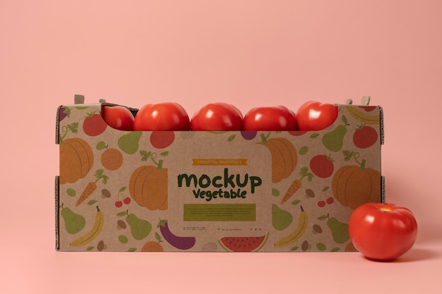 PSD carton box with fresh tomatoes mockup