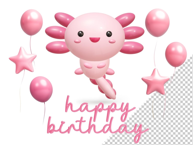 PSD 卡通3d插圖的可愛的oxolotl生日卡片