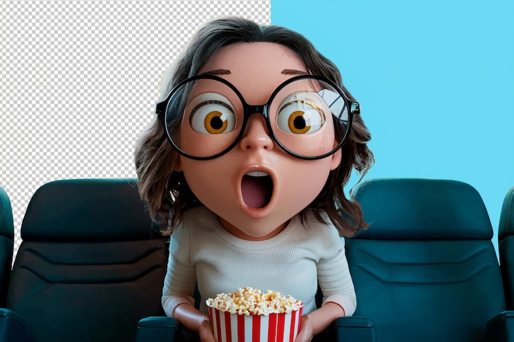 PSD карикатура 3d удивила девушку в очках, смотрящую фильм в кинотеатре, держащую попкорн.