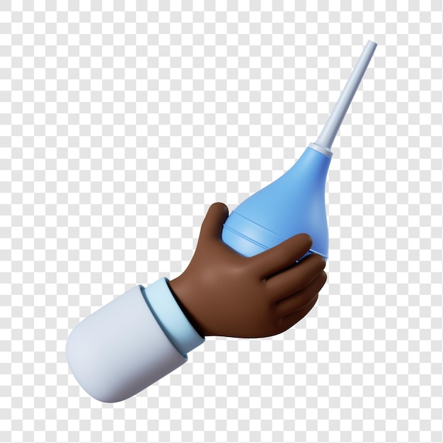 Cartoon african-american doctor hand with blue enema