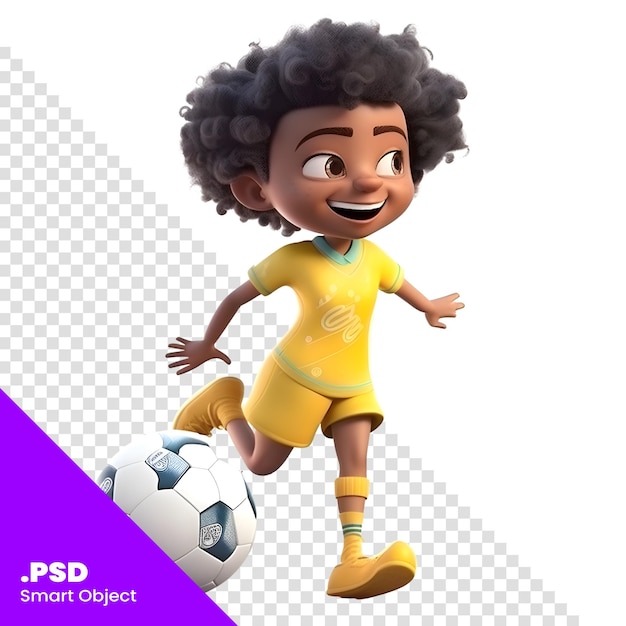 Cartoon afro-amerikaanse jongen die voetbal speelt met een voetbal psd sjabloon