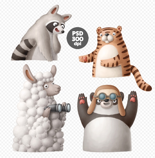 PSD cartoon animals clipart set isolated