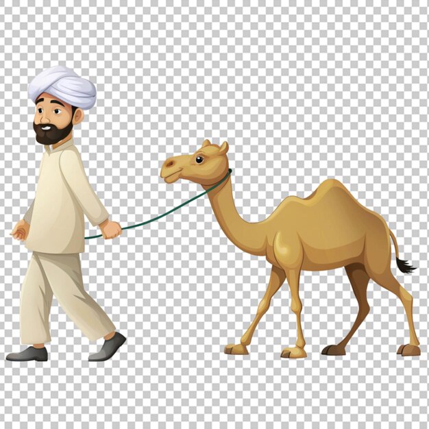 PSD cartoon arabic muslim man pulling camel transparent background