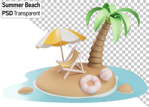 PSD a cartoon of a beach scene with a palm tree and a chair