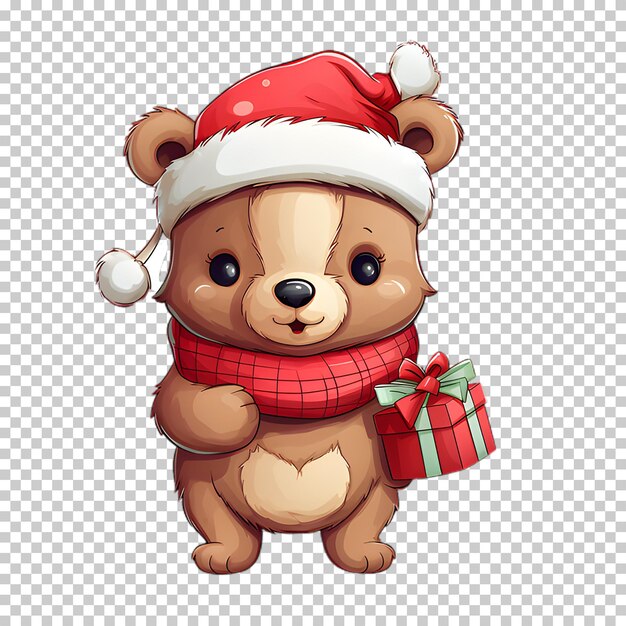 PSD orso dei cartoni animati che indossa un cappello di babbo natale isolato su uno sfondo trasparente