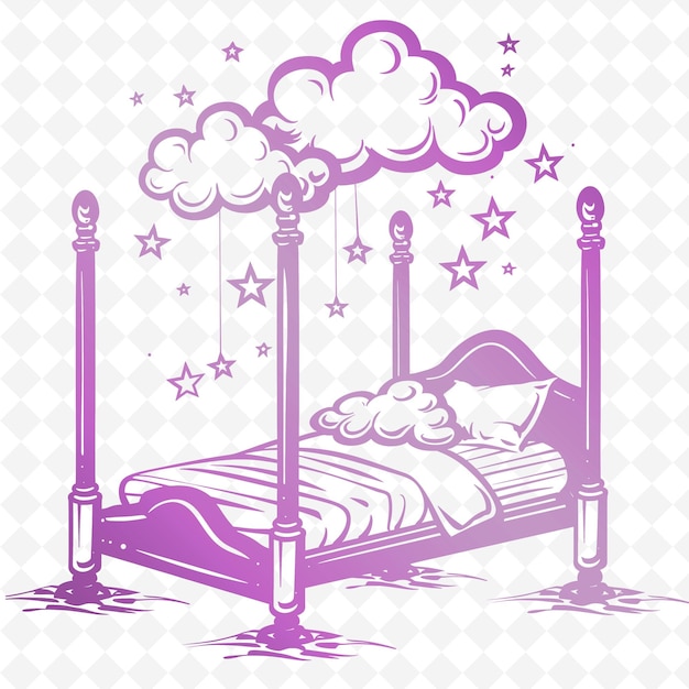 PSD a cartoon of a bed with clouds and a girl sleeping in it