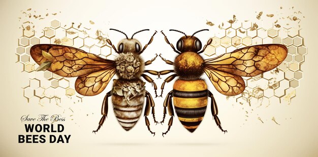 PSD disegno d'ape di cartone animato di due api in piedi su uno sfondo blu