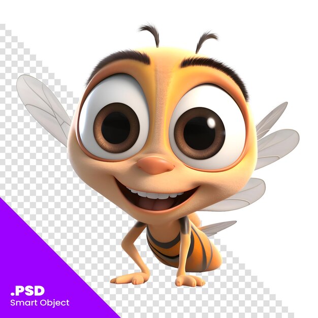 PSD cartoon bee with wings on a white background 3d render psd template