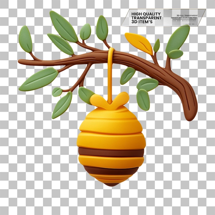 PSD cartoon beehive hanging from the branch on transparent background