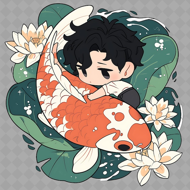 PSD a cartoon of a boy in a fish tank with flowers and a fish