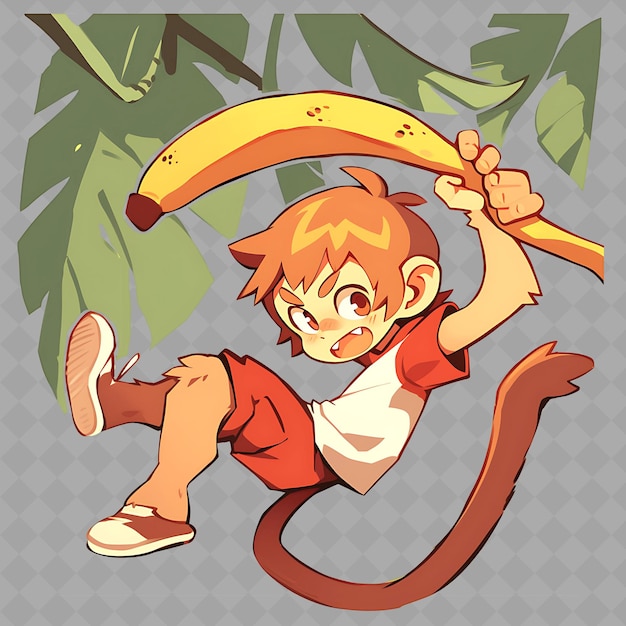 PSD a cartoon of a boy holding a banana and a monkey with a banana on his head