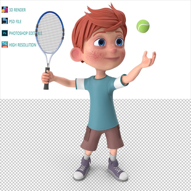 カートゥーン・ボーイ・プレイ・テニス 3D レンダー PSD