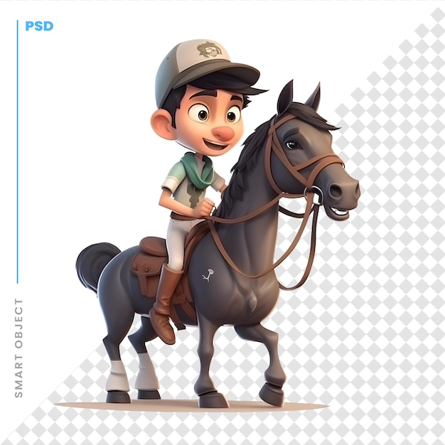 PSD cartoon boy riding a horse on a white background 3d rendering
