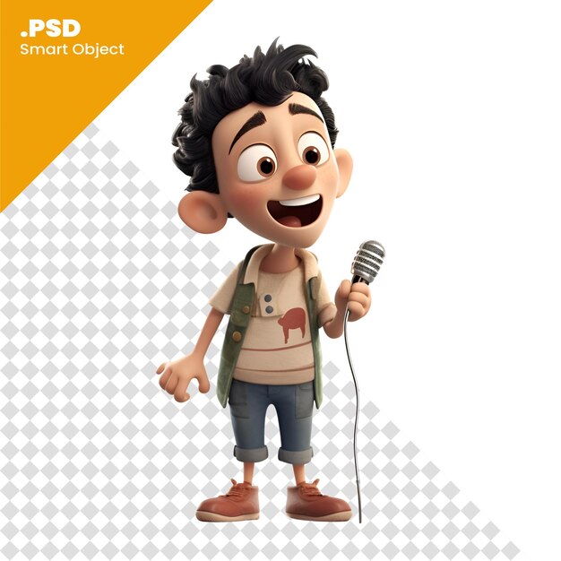 Cartoon boy singing with a microphone isolated on white background 3d illustration psd template