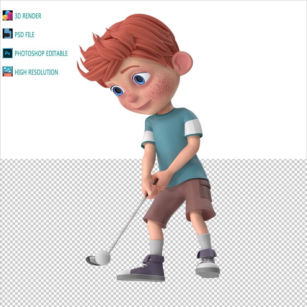 PSD cartoon boy speelt hockey 3d render psd